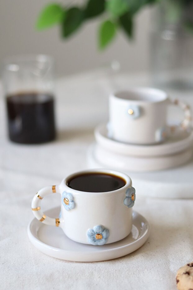 Handmade Set of 2 Flower Decorated Ceramic Cups with 24K Gold Decoration 120ml