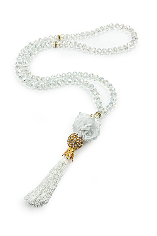 Rose Tassel Detailed Crystal Looking 99 Pieces Hajj Umrah Gift Prayer Beads Transparent