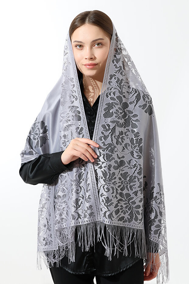 Gray Tasseled Tulle Shawl Mevlüt Coverlet