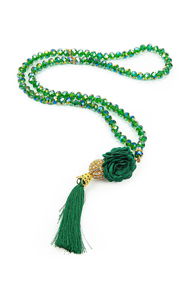 Rose Tassel Detailed Crystal Looking 99 Pieces Hajj Umrah Gift Prayer Beads Green