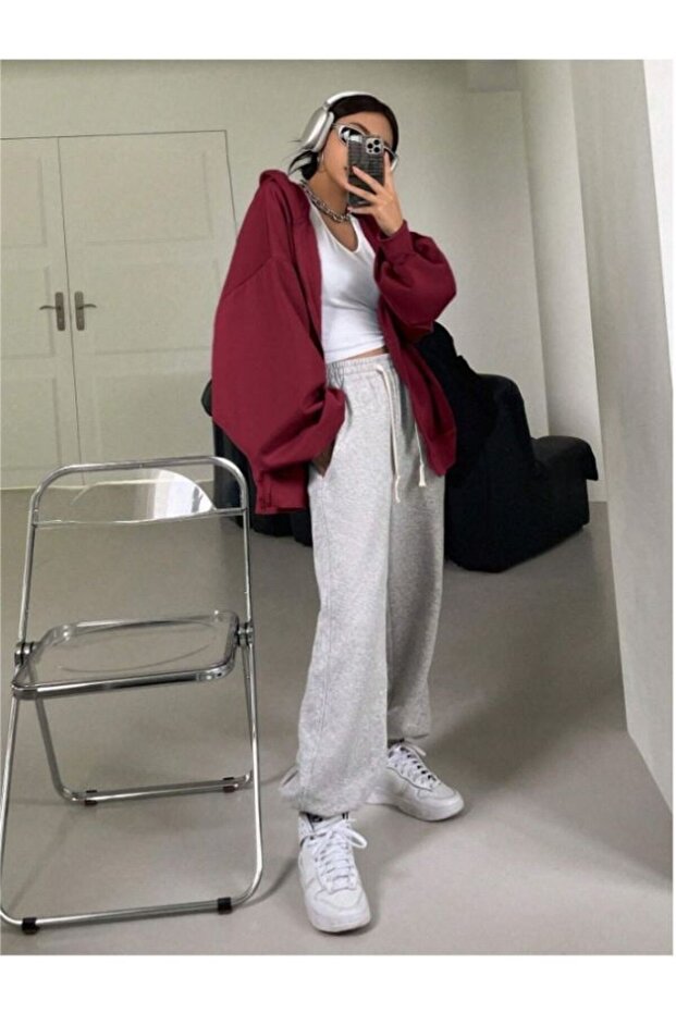 Fermuarlı Oversize Kapüşonlu Sweatshirt - 4