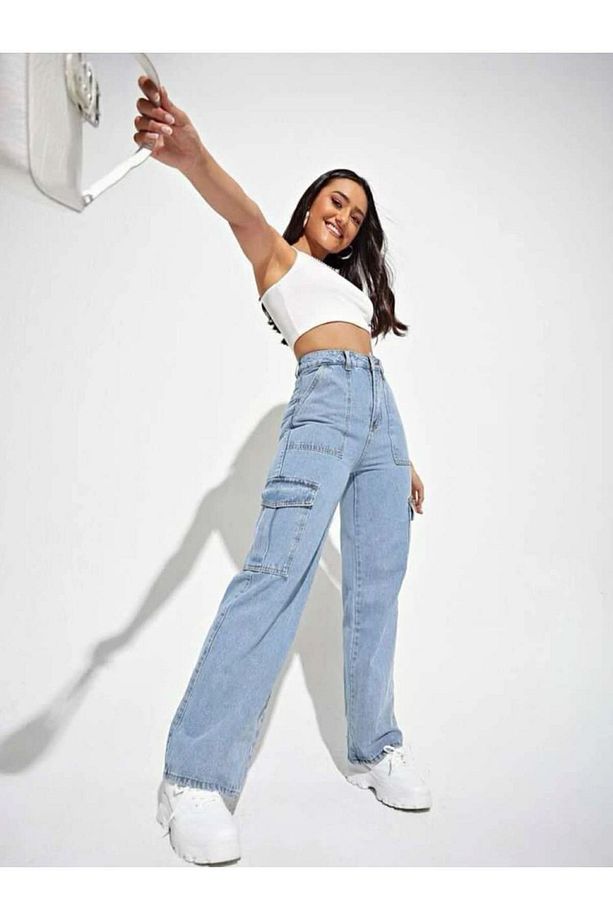 Elliza Kadın Mavi Yüksek Bel Kargo Cep Kot Pantolon Mavi Kar Yıkama Kargo Cep Jeans - 2