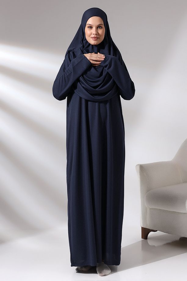 Lacivert Tek Parça Çantalı Namaz Elbisesi - 8