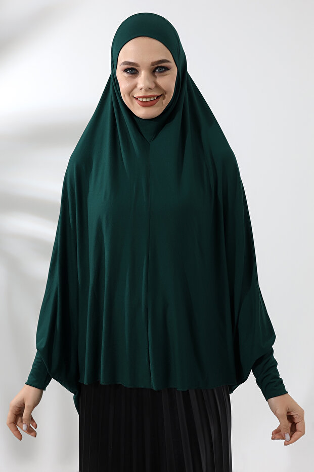 Emerald Green Ready Practical Sultanbaş Hijab Sleeve Combed Cotton Souffle Scarf Hijab