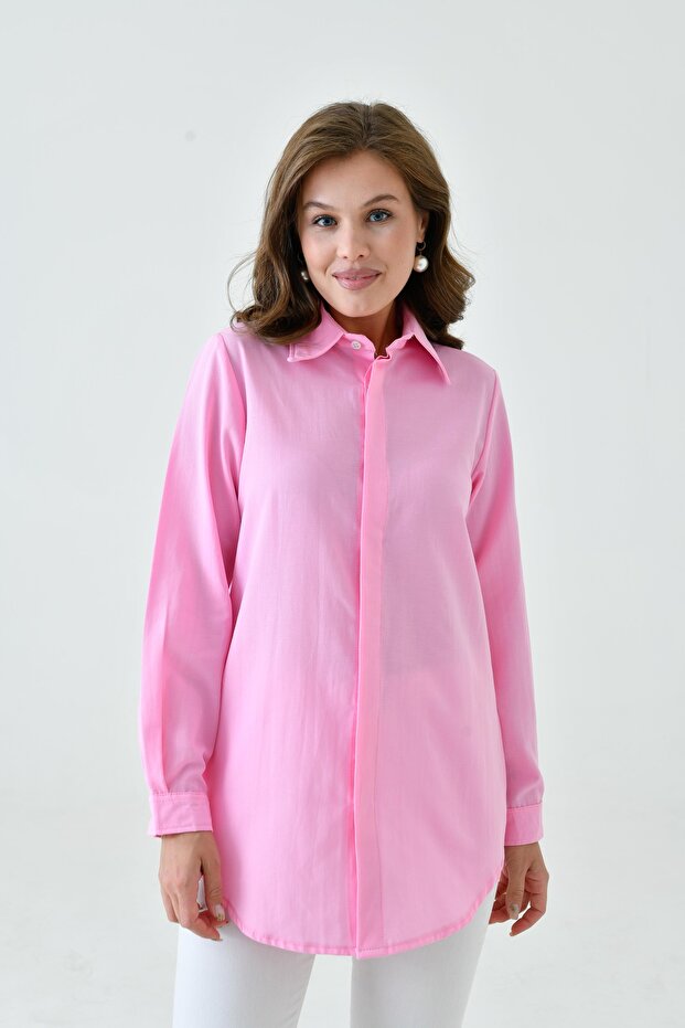 Pink Basic Long Women's Shirt – Comfortable Fit, Loose, Pocketless, Plain, for Daily and Office Combinations