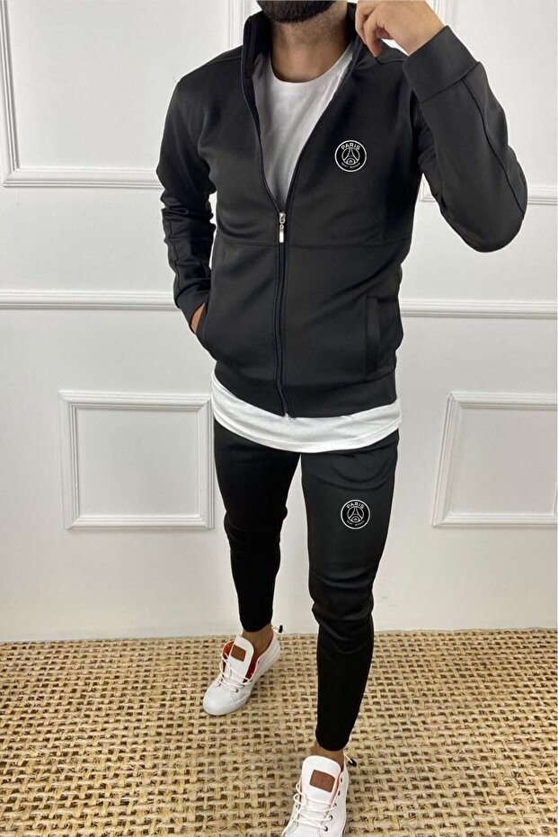 Sports Black Zippered 2 Piece Scuba Bottom Top Tracksuit Set