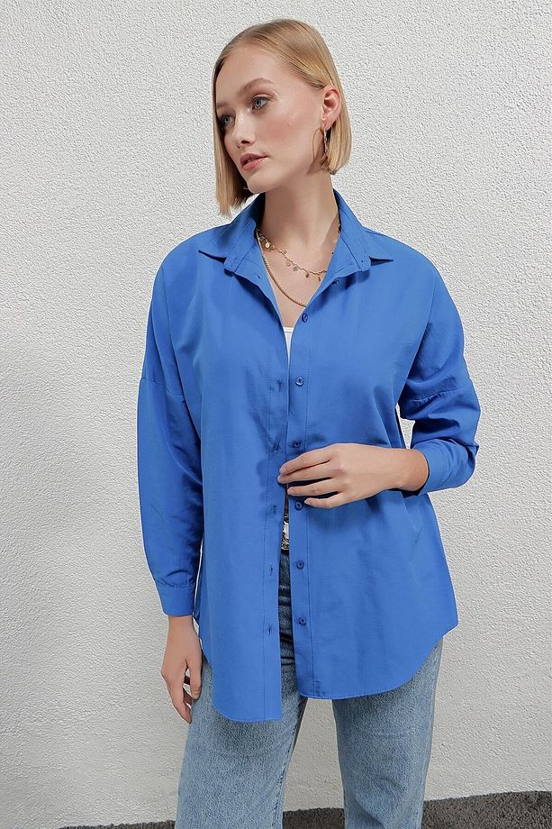 Kadın Mavi Oversize Uzun Basic Gömlek Hzl22w-bd139001 - 1