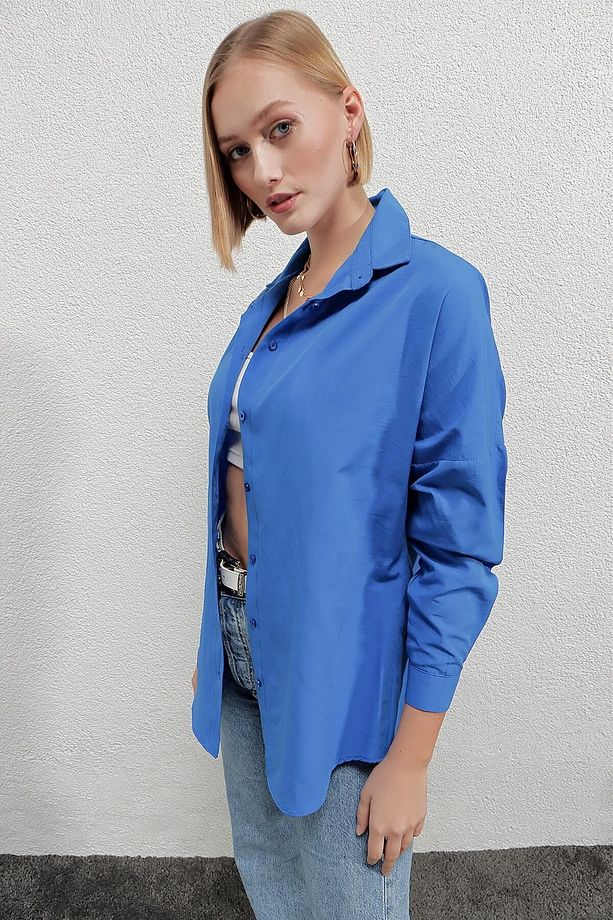 Kadın Mavi Oversize Uzun Basic Gömlek Hzl22w-bd139001 - 7