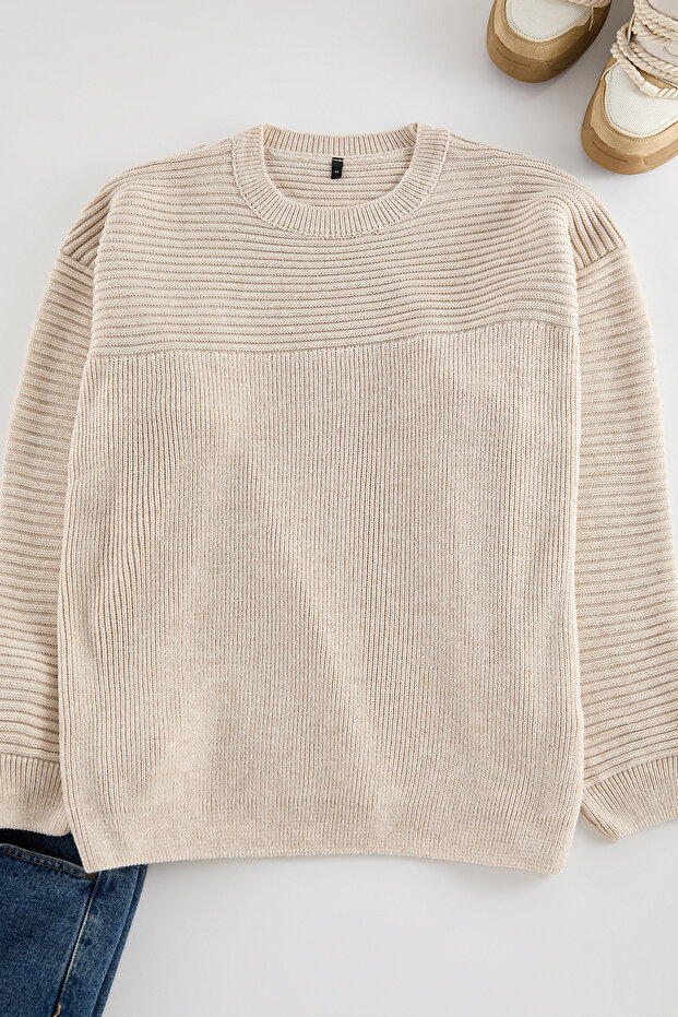 Pulover de tricotaj supradimensionat cu textura bej cu decolteu - Mărime mare TMNAW25AN00010 - 6