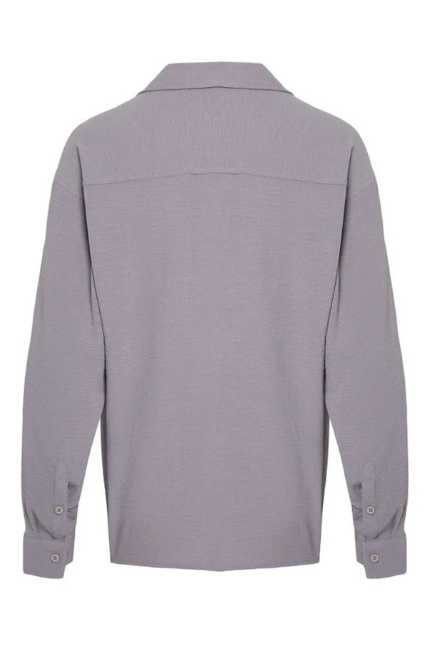 Açık Gri Oversize Fit Apaş Yaka Yazlık Keten Görünümlü Gömlek TMNSS23GO00053. - 8