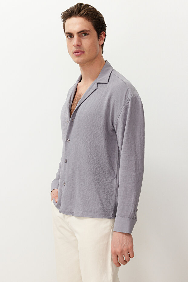 Açık Gri Oversize Fit Apaş Yaka Yazlık Keten Görünümlü Gömlek TMNSS23GO00053. - 3