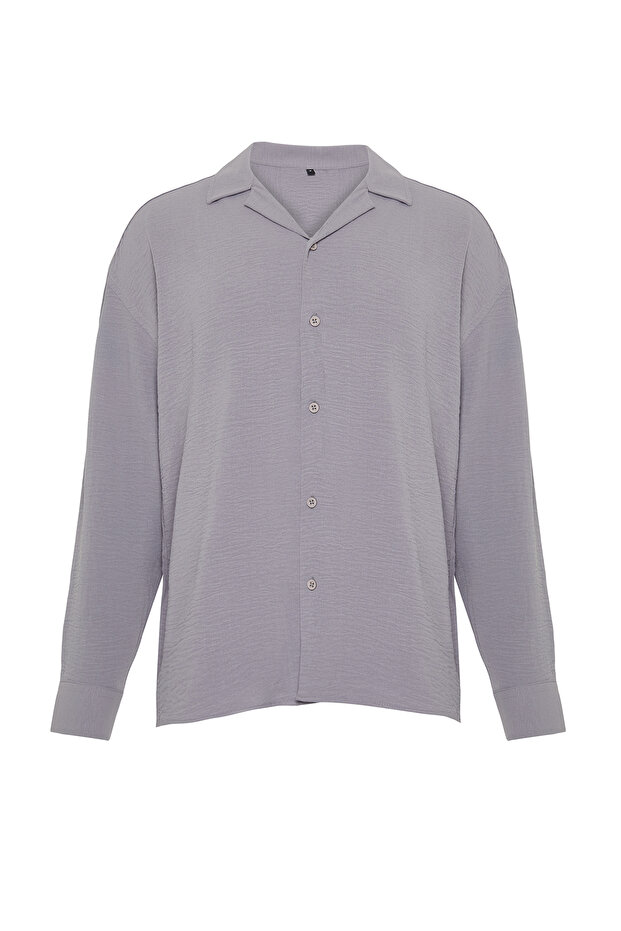Açık Gri Oversize Fit Apaş Yaka Yazlık Keten Görünümlü Gömlek TMNSS23GO00053. - 7