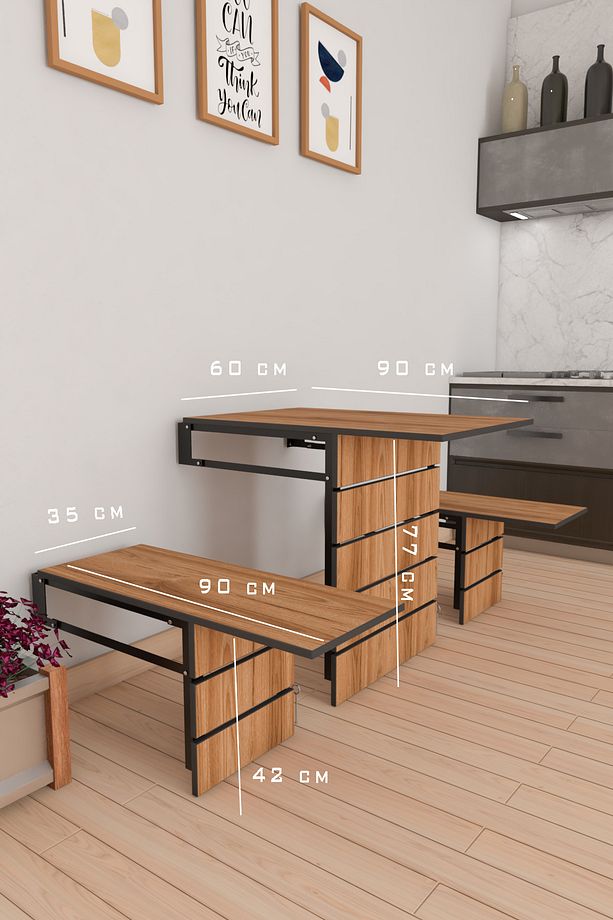 Duvara Monte Katlanabilir Dekoratif 2 Tabureli Pratik Yemek Kırma Mutfak Balkon Masası Ceviz - 4