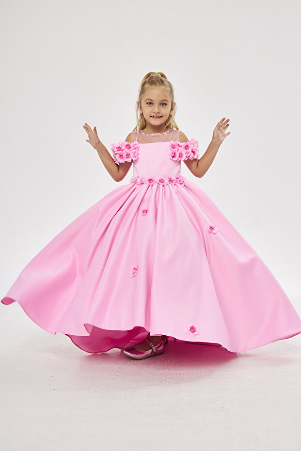 pink flora 3 d flower girl's evening dress