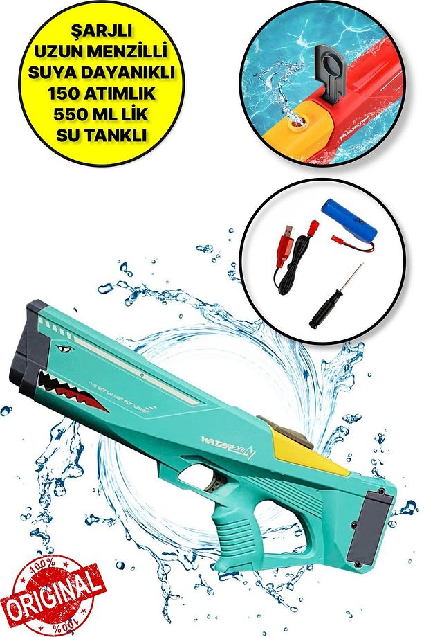 USB ile Şarj Olabilen 550 ML Su Hazneli Uzun Menzilli Elektronik Su Tabancası 43 cm - Yeşil - 1