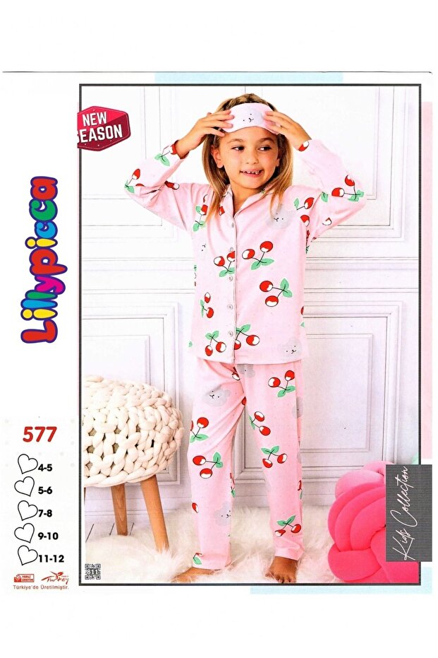 طقم بيجامة بناتي منقوش باللون الكرزي مزود بأزرار وشريط عين - 2