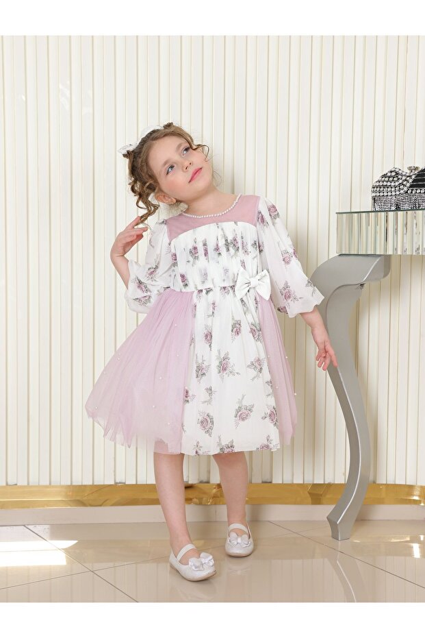 Girl's dress, Tulle printed with flowers and Pearls