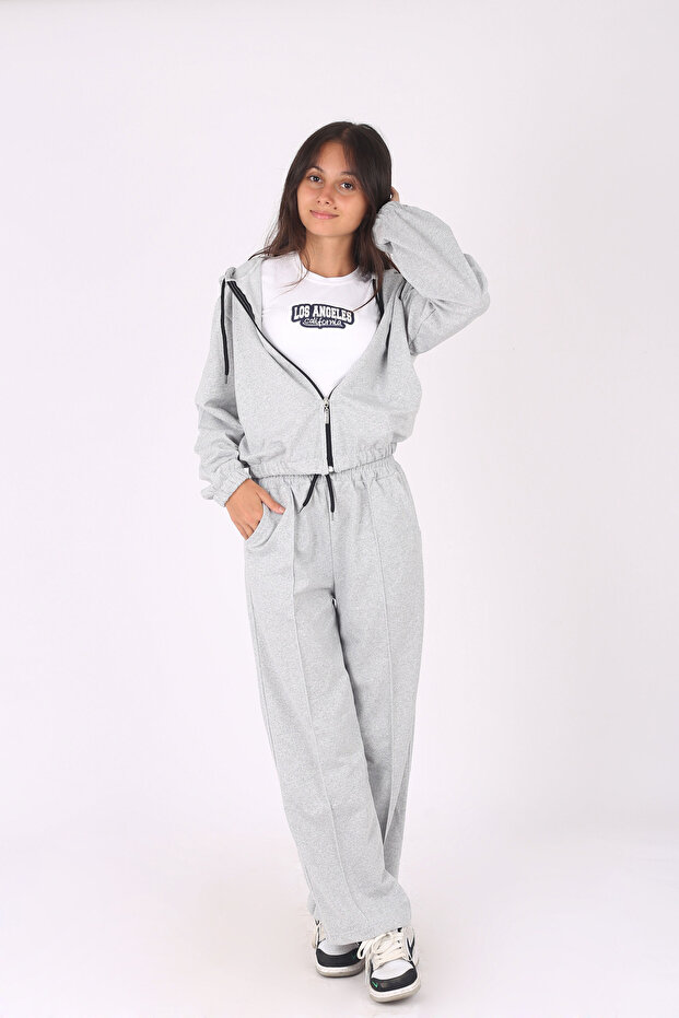 2-Piece Zippered Hooded Crop Jacket and Long Pants Girls' Tracksuit Set