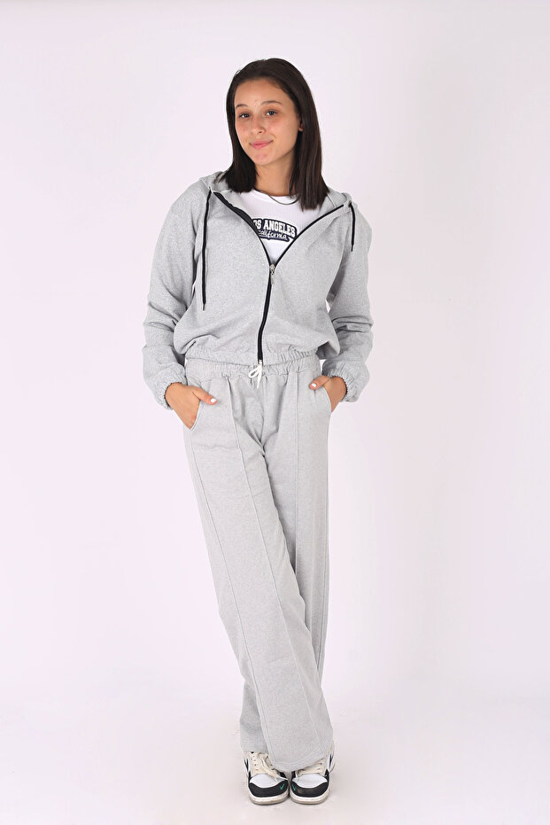 2-Piece Hooded Zippered Crop Jacket & Pipe-Legged Bottoms Girls' Tracksuit Set