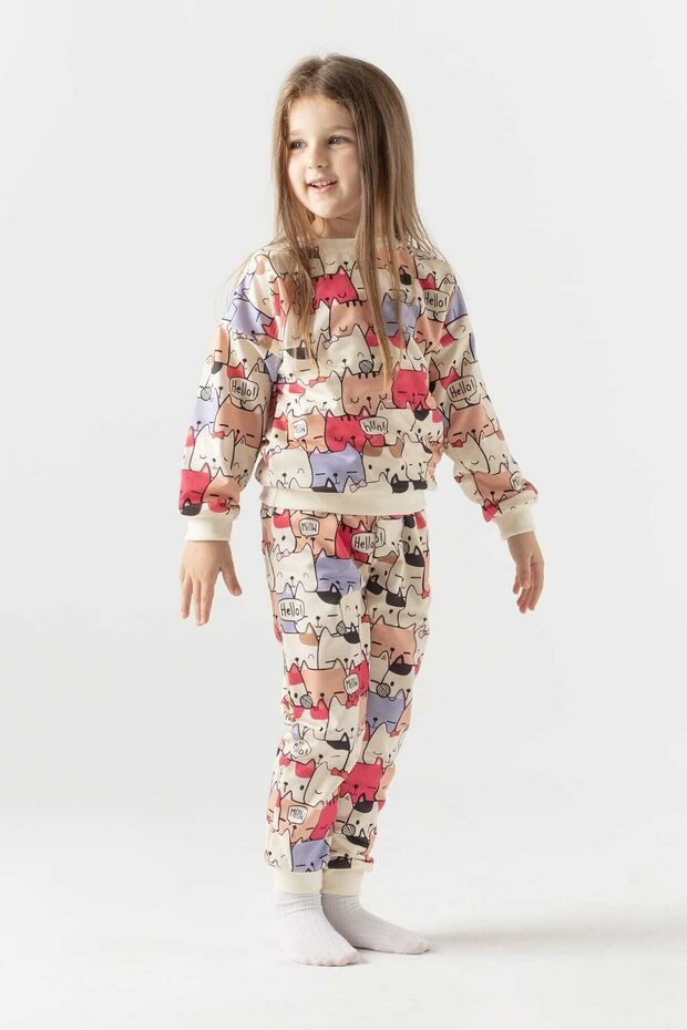Multi Cat Printed Long Sleeve Children's Bottom Top Double Set