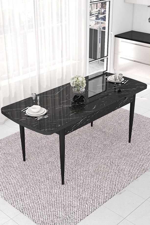 Nef Serisi 70x114 Açılabilir Mdf Siyah Mermer Desen Masa Takımı Ve 4 Siyah Sandalye - 4