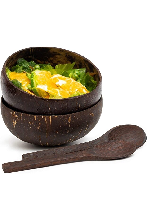 Natural Coconut Bowl & Ebony Spoon Set (2 Bowls + 2 Spoons)