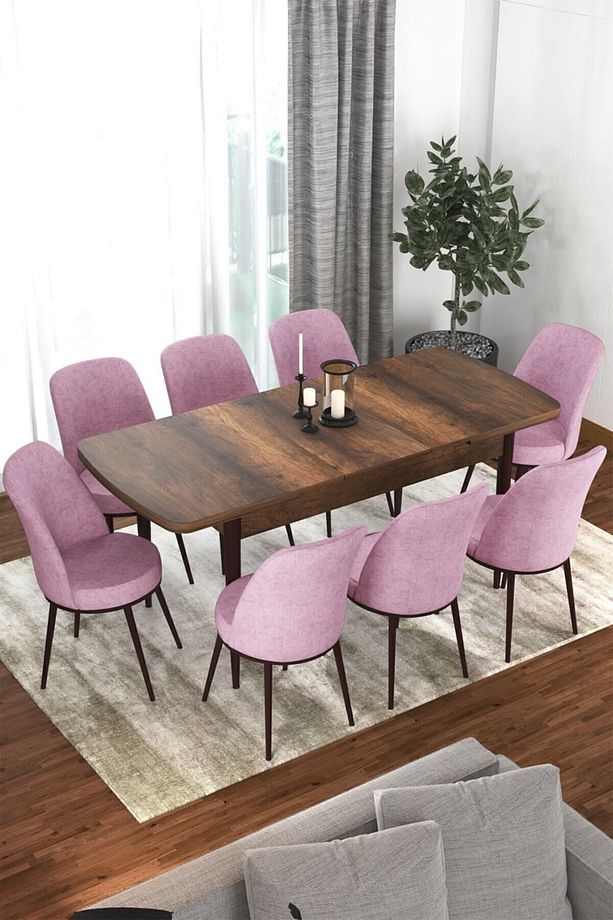 Via Serisi 80x132 Açılabilir Mutfak Masası Takımı Barok Desen Masa 8 Pembe Sandalye - 1