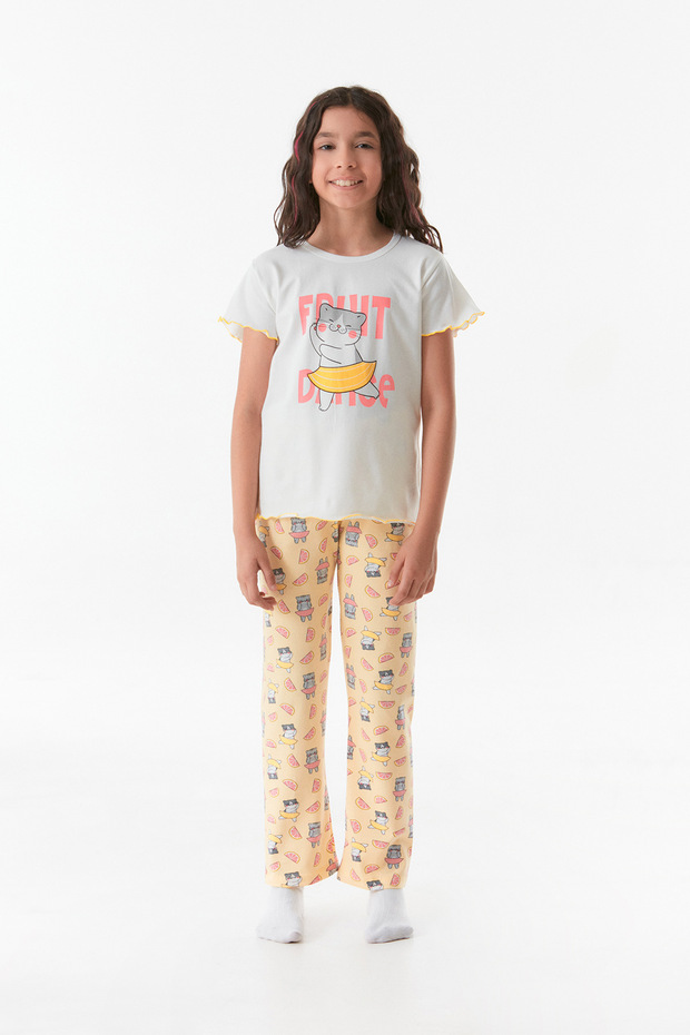 Cat Printed Crew Neck Girl's Pajamas Set