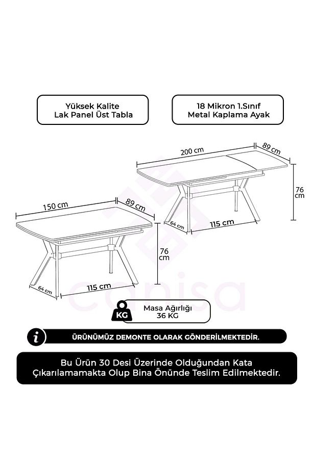 Rampla Gri 89x150 Açılabilir Lak Panel Yemek Masası Krom Ayak - 3