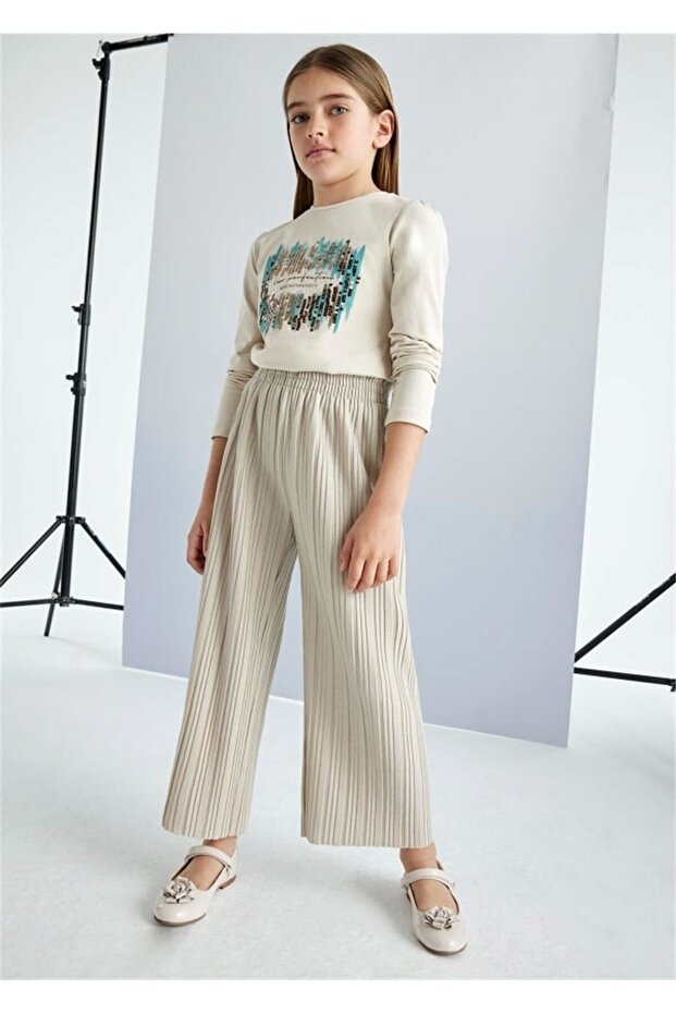 Girl's Pleated Pants Beige 7544