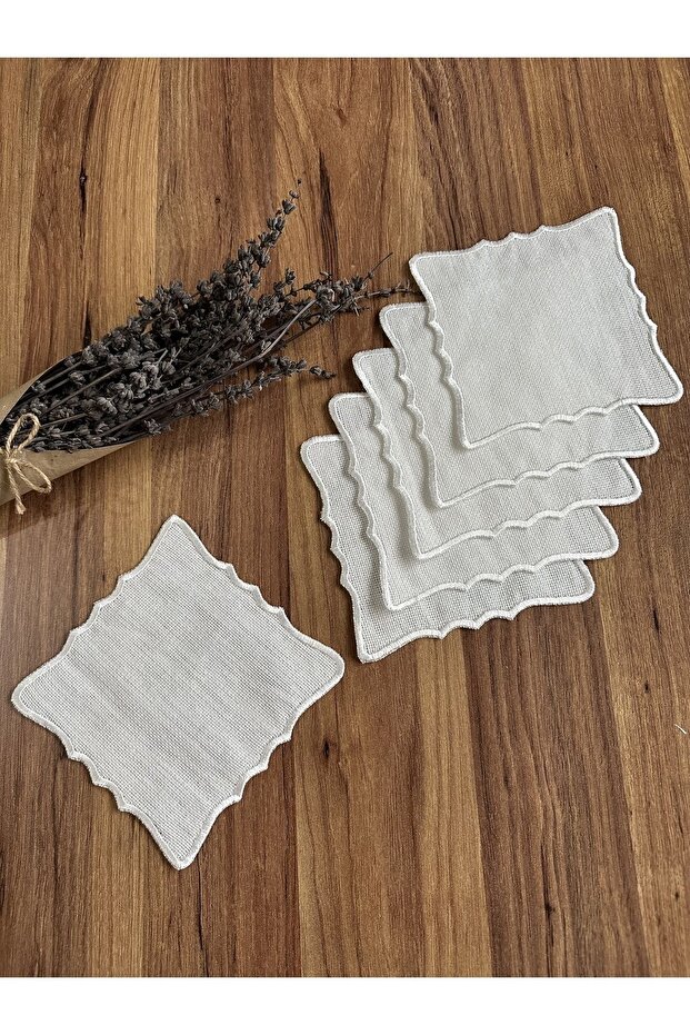 Square Coffee Side Cocktail Presentation Napkin with Ecru Embroidery Suitable for 6 Pieces of Etamine Processing