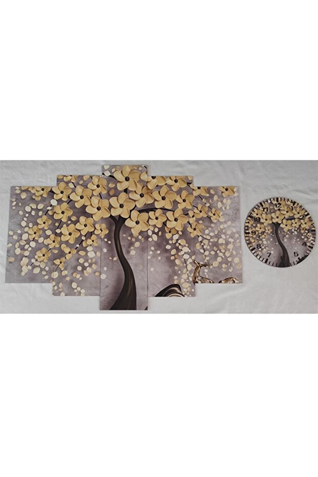 Parçalı Ahşap Duvar Tablo 5 Parça Set Ve Saatli - 3