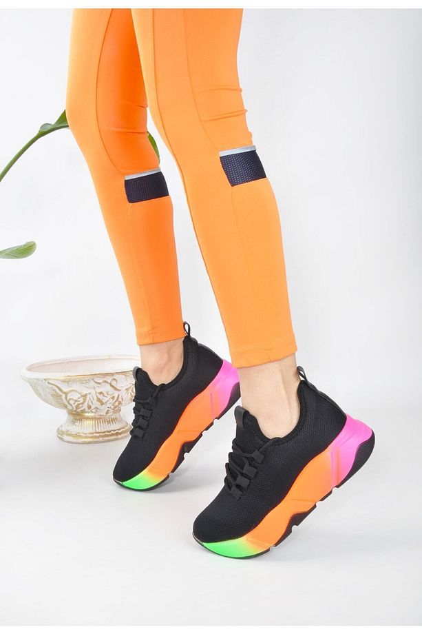 Günlük Siyah-multi Kadın Sneaker Bağcıklı Triko Esnek Hafif Ve Kalın Tabanlı Yürüyüş Spor Ayakkabı - 7