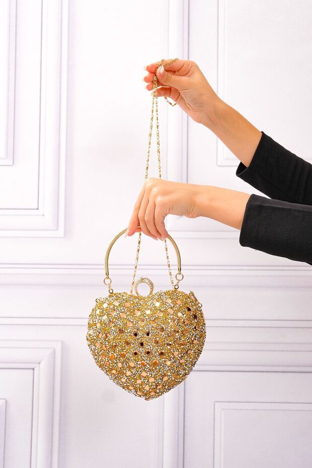 Women's Heart Stoned Gold Evening Bag