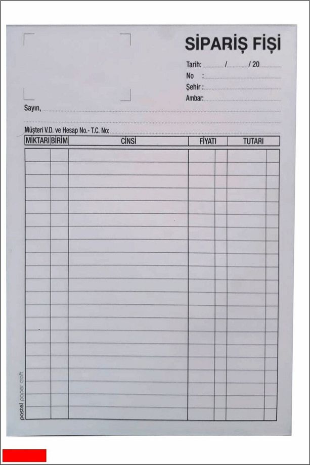 Sipariş Fişi 14x20 Cm Ölçülerinde A5 2/50 Otokopili 3 Nüsha (1 Asıl 2 Suret) 1 Adet (1 Cilt) - 2