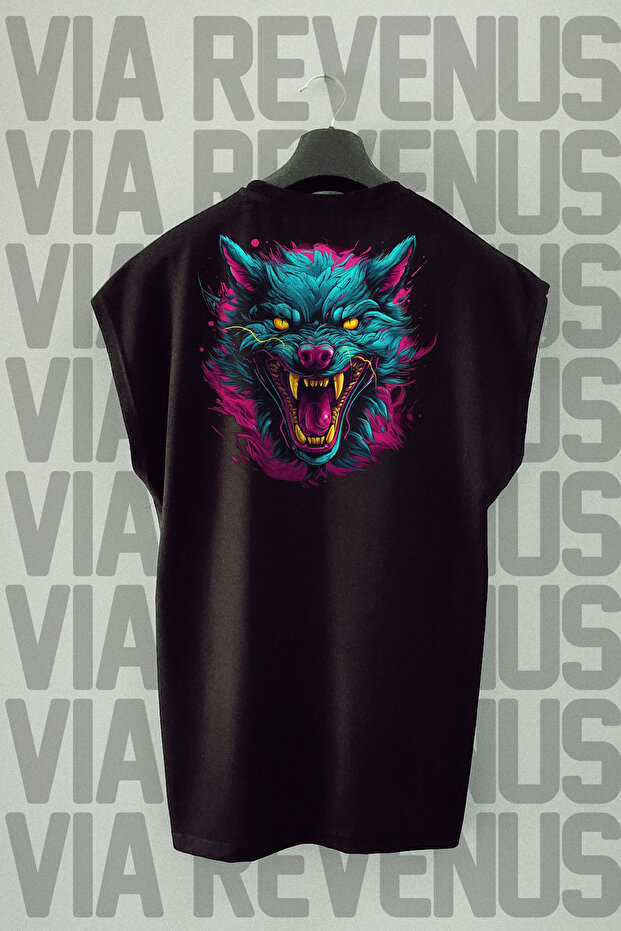 Black Sports T-Shirt - Wolf Back Print, Zero Sleeve