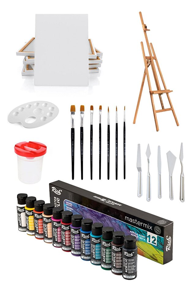 Akrilik Boya Seti 12 Renk -şövalye-tuval Fırça Seti -spatula- - 1