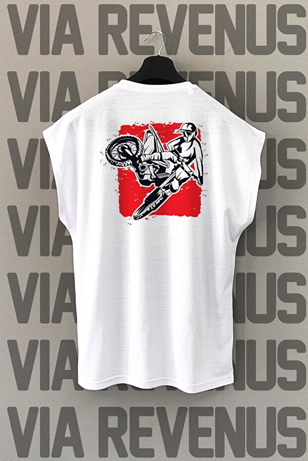 White Motocross Sports T-Shirt - Back Print, Zero Sleeve