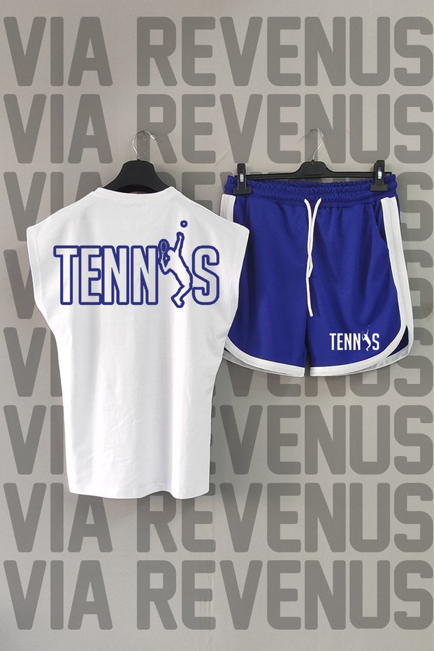 Tennis Back Printed White Zero Sleeve Sports Tshirt and Blue Shorts Sport Set
