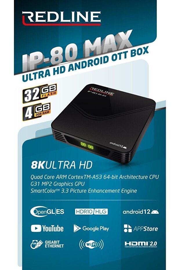Redline Ip-80 Max Android 12 Ultra Hd 8k-4gb-32gb Media Player
