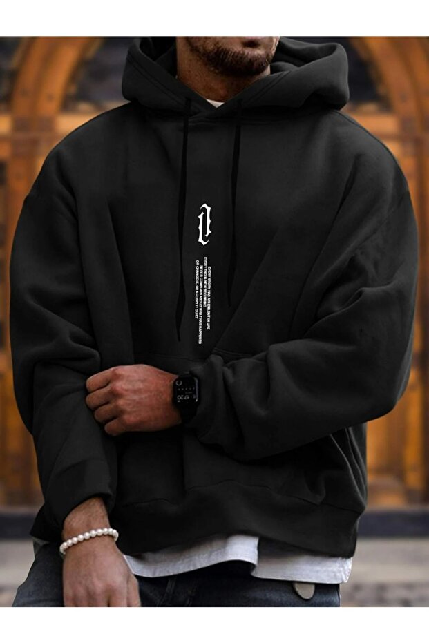 Oversize Vertical Symbol Sweatshirt - Black Printed, Hooded