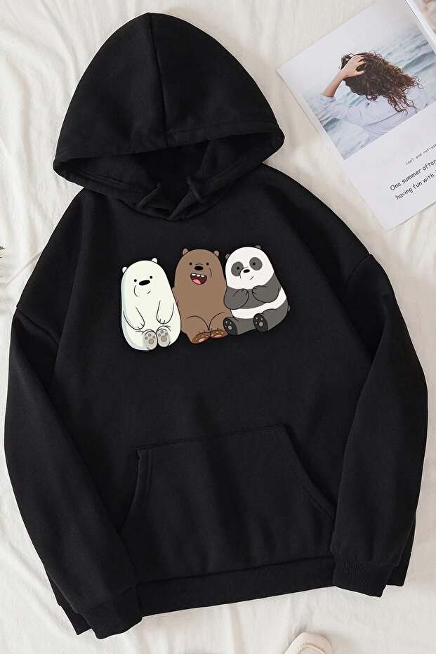 Black Oversize Hooded Sweatshirt - Kafadar Bears Printed