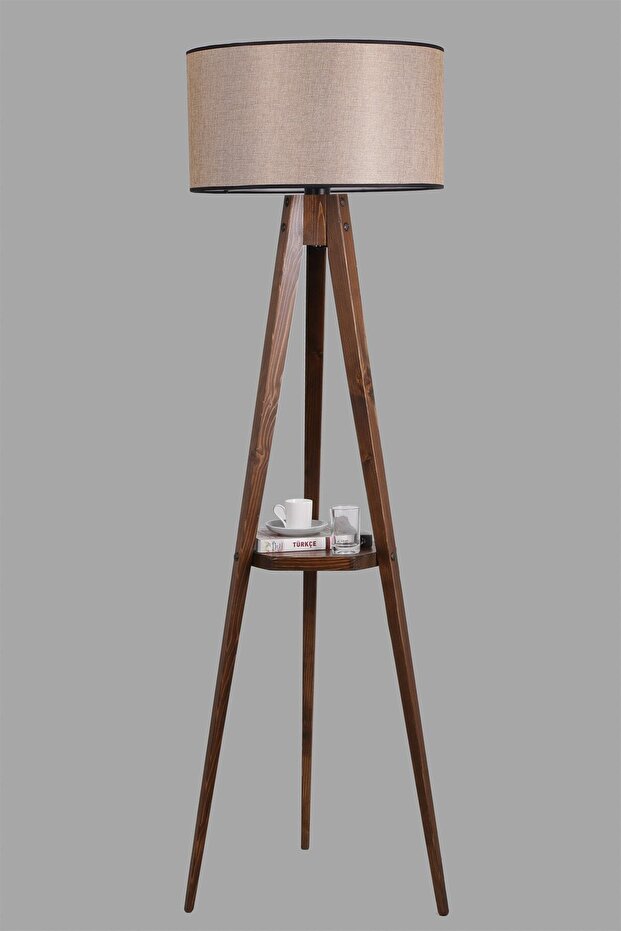Sehbalı Tripod Ceviz Lambader Silindir Açık Hasır Abajurlu - 3