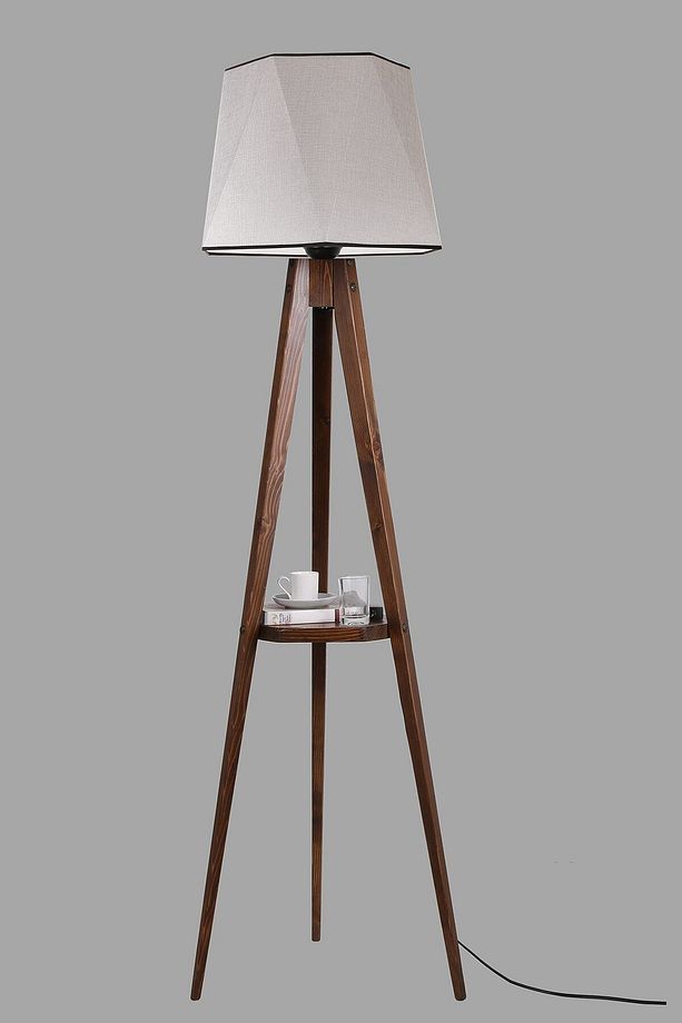 Sehbalı Tripod Lambader Ceviz Altıgen Açık Hasır Gri Abajurlu - 2