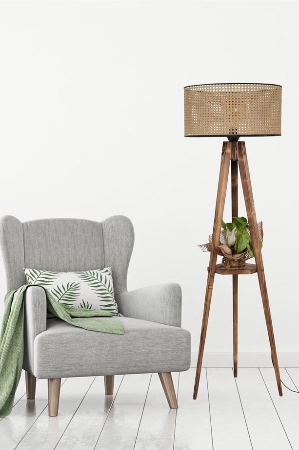 Sehbalı Tripod Lambader Yanık Silindir Rattan Abajurlu - 1