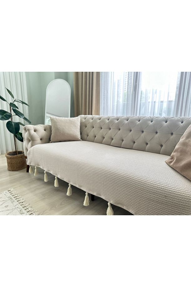 Püsküllü Örgü Desen Koltuk Örtüsü Bej (ÜÇLÜ KOLTUK IÇİN 1 ADET) 90x210 Cm - 3