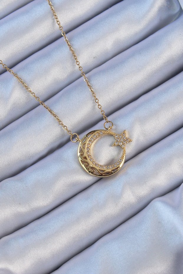 Zircon Stone Motif, Gold Colored 316L Steel Chain Moon Star Necklace