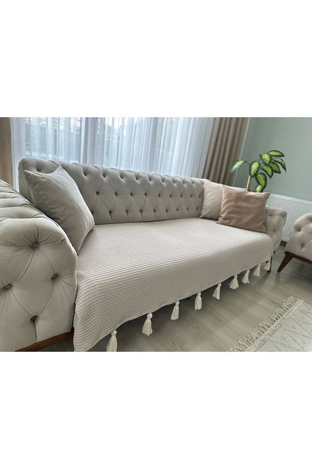 Püsküllü Örgü Desen Koltuk Örtüsü Bej (ÜÇLÜ KOLTUK IÇİN 1 ADET) 90x210 Cm - 2