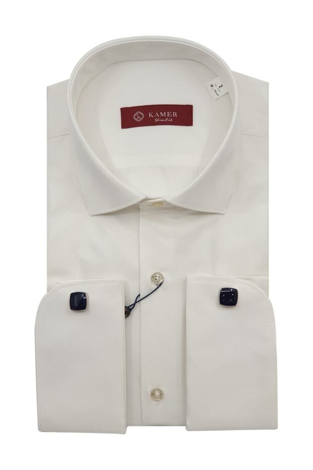 Slimfit Double Cuff Cufflink Classic Collar Cream Satin Men's Shirt 2104Kr