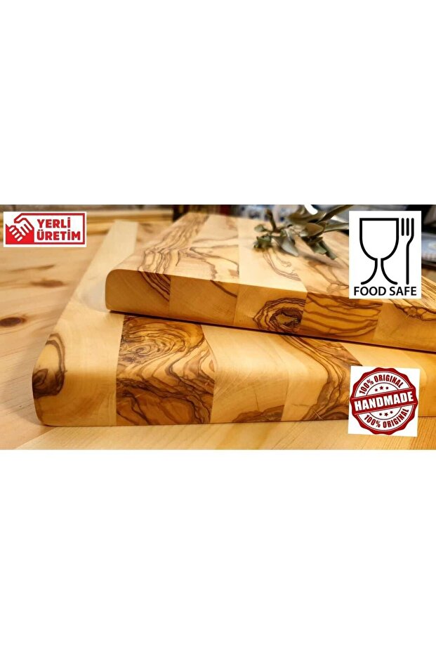 Set of 2 Olive Tree Special Edge Natural Wood Cutting Presentation Meat Bread Chopping Board
